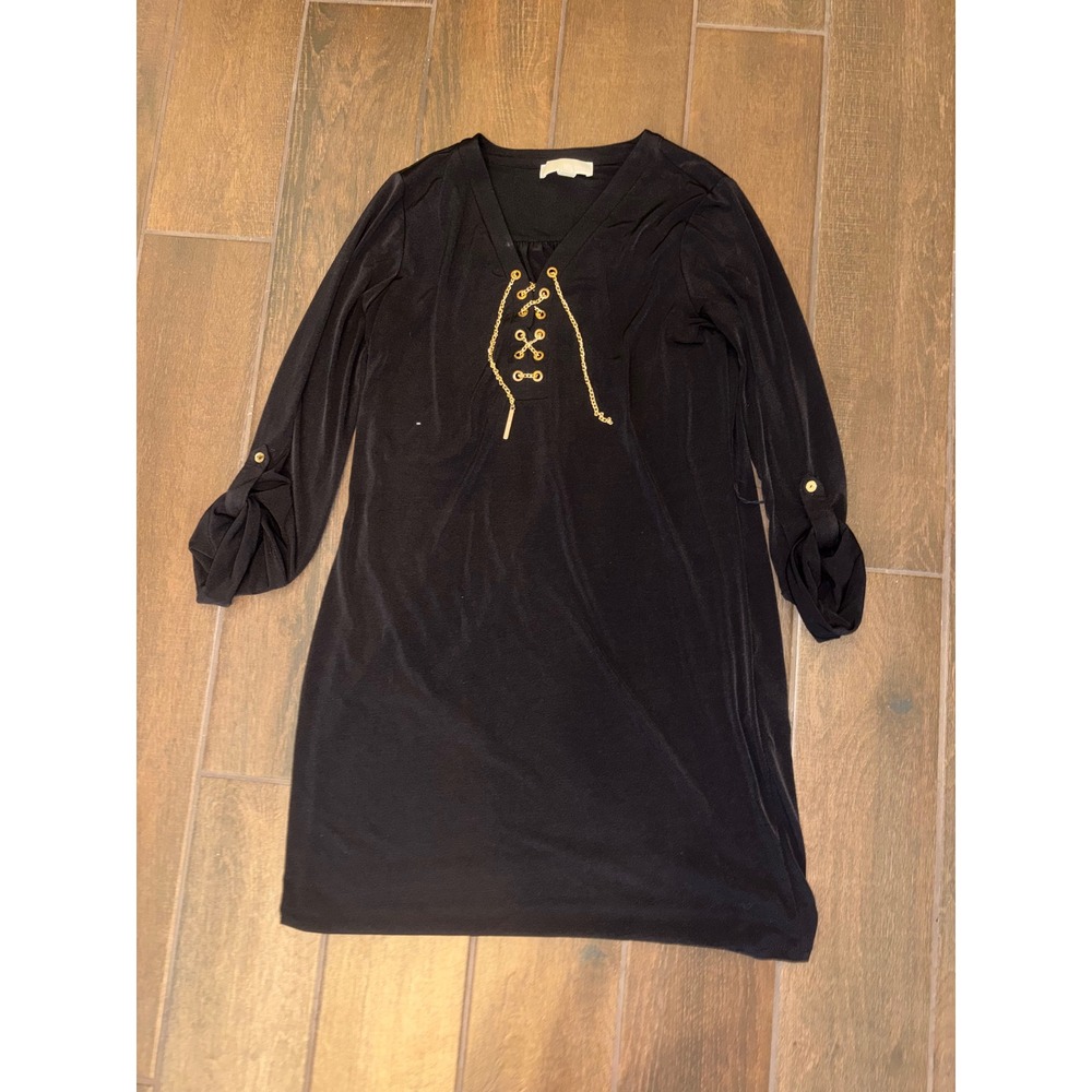 Michael Michael Kors Tunic Dress M Black Gold Chain Lace Up Roll Tab Sleeve